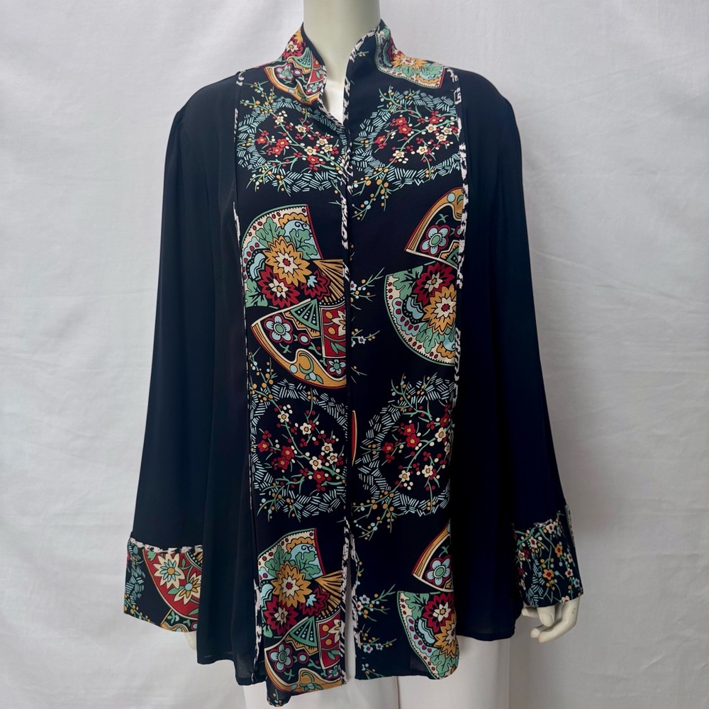 HARARI SILK Medium Button Long Sleeves Tunic Top Boho Mandarín Collar Artistic
